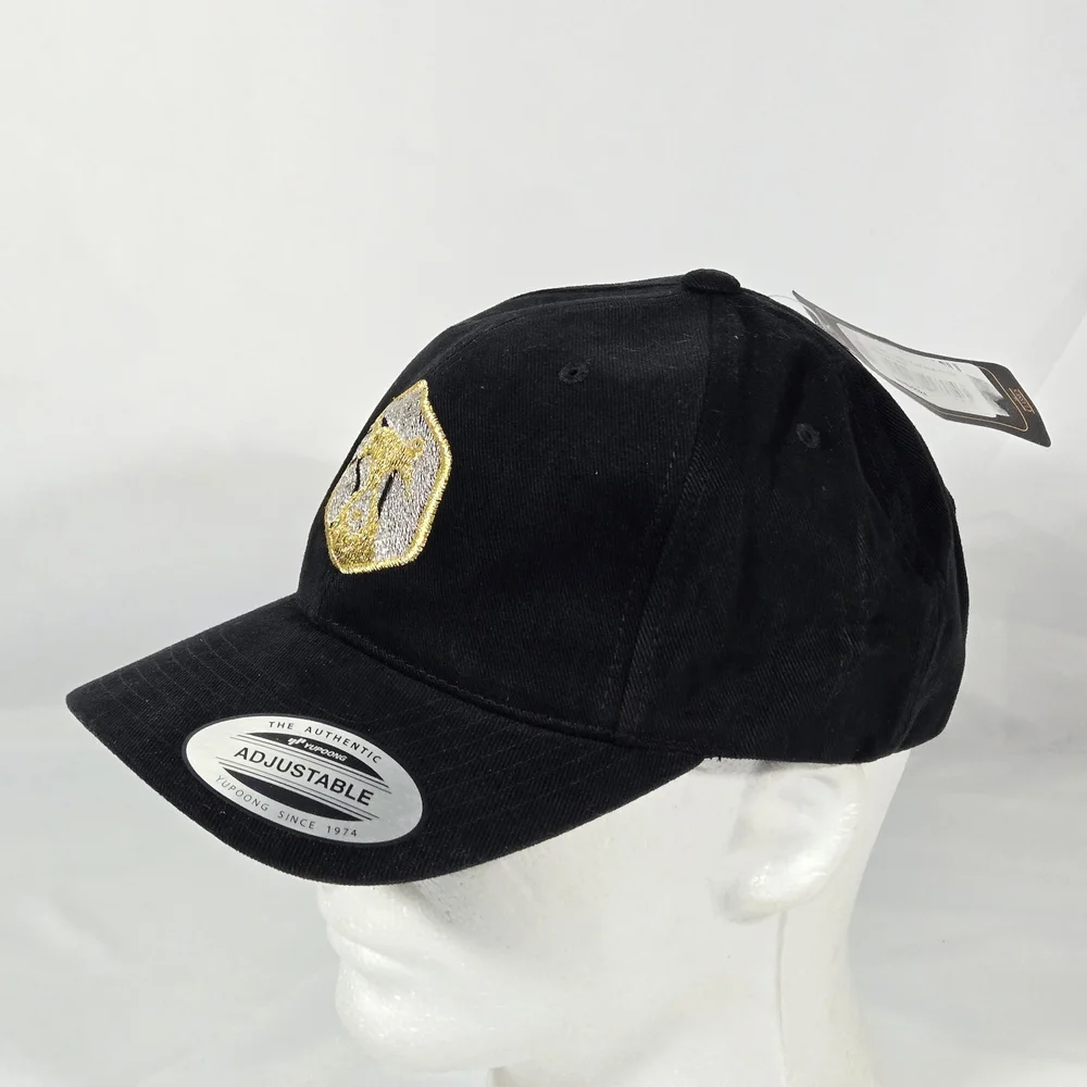Black Baseball Cap with Gold & Silver Embroidered Crest - Adjustable